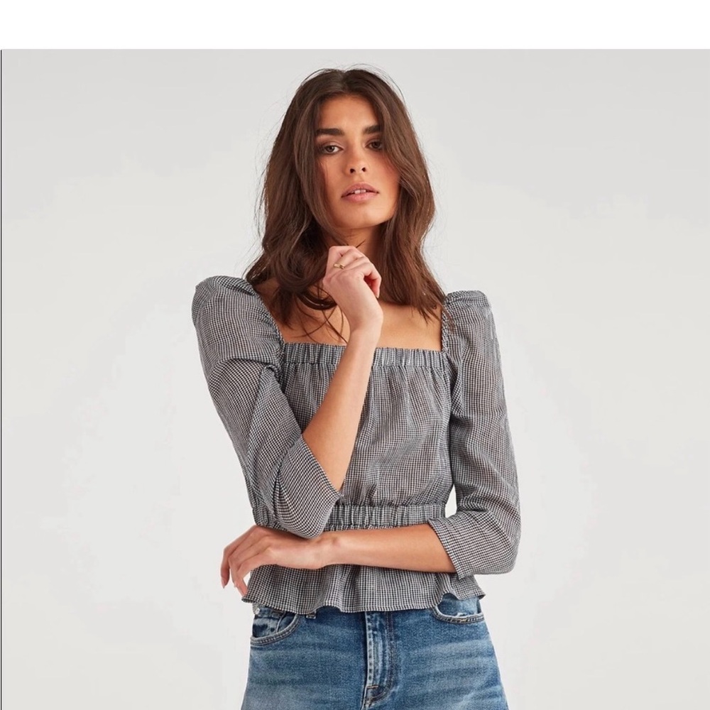 7 For All Mankind Navy/black and White Gingham Peplum Long-Sleeve Top